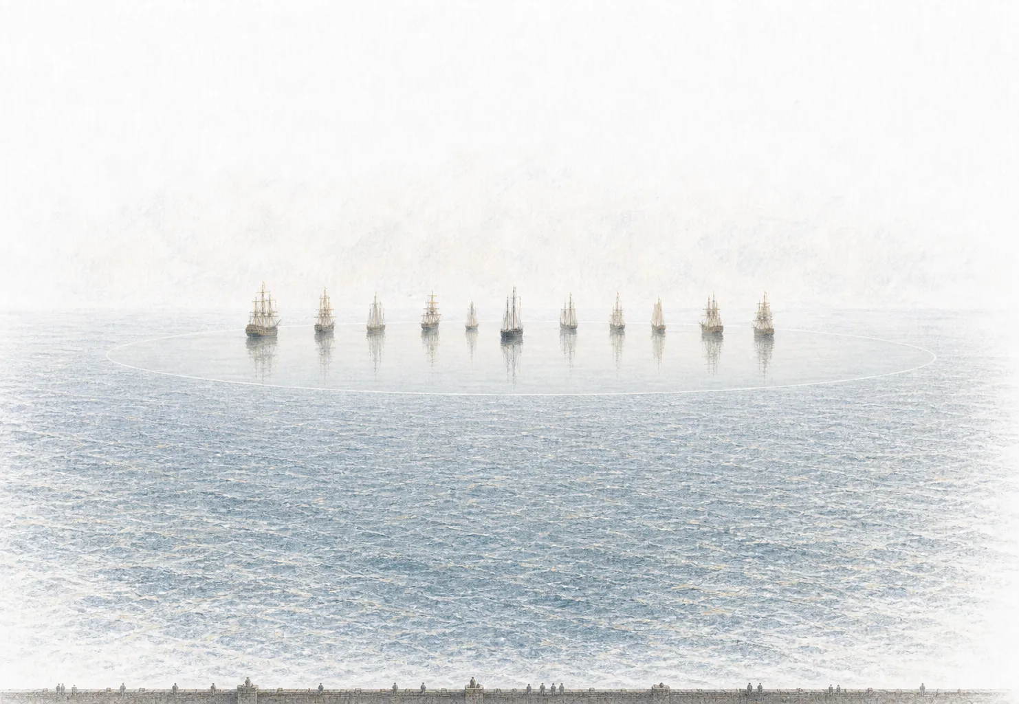 Eleven sailing ships standing motionless on a sea of grey glass, mirrored in the water, inside an edge drawn on the sea as exact as a compass-stroke; tiny watchers line a city wall below