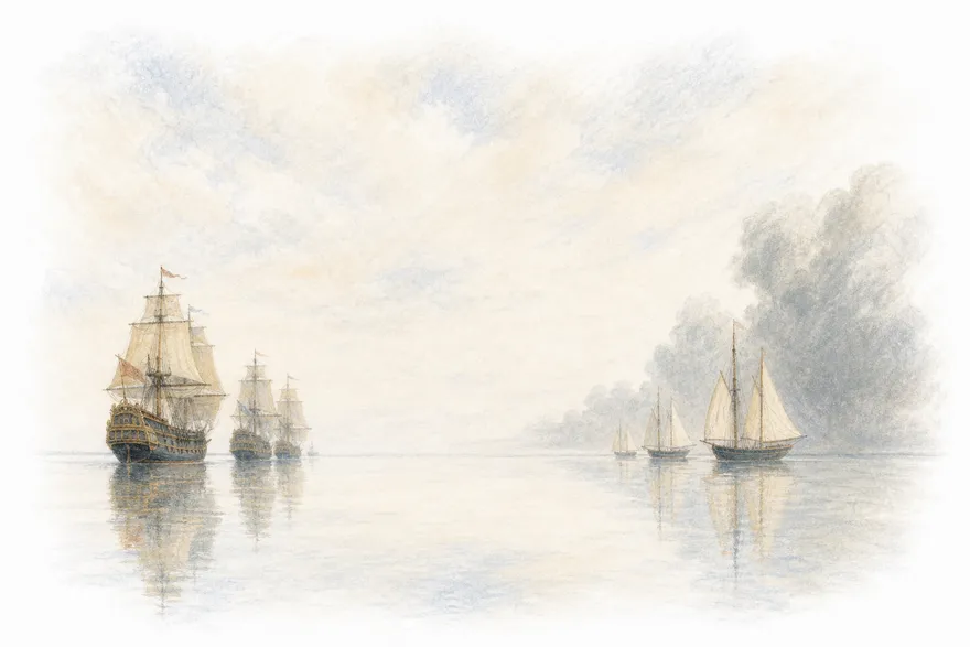 Two fleets of different build meet on a mirror-still sea; a wall of storm stands faint on the horizon