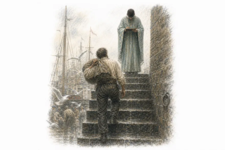 A priest in sea-green stands at the head of a stone water-stair, a sailor with a bundle pausing below