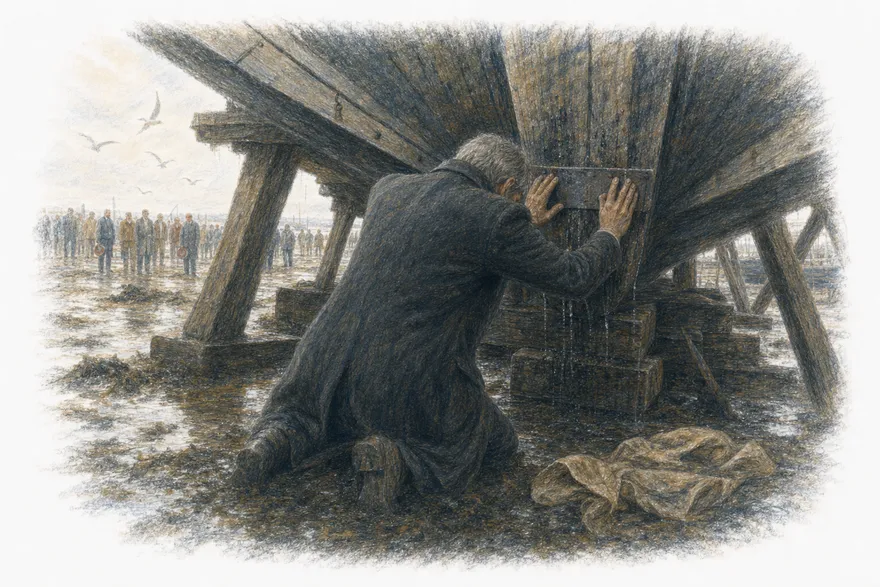 A grey-haired man kneeling in the weed and dark under a small propped coaster at low tide, both hands laying the house-iron flat to the keel, the oiled-linen wrap fallen beside him, the bareheaded crowd far off on the drained seabed