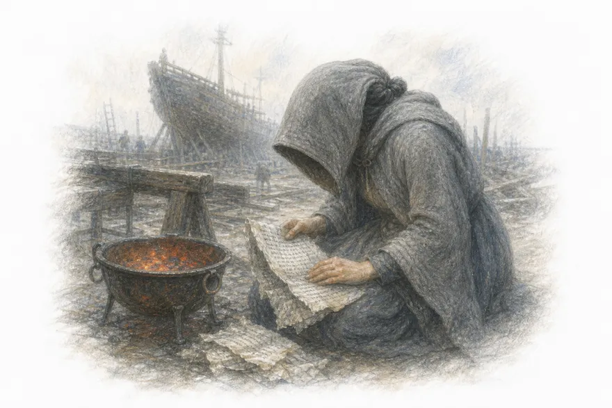 A hooded woman kneels by a glowing brazier in a shipyard at dawn, smoothing a crumpled printed page on her knee